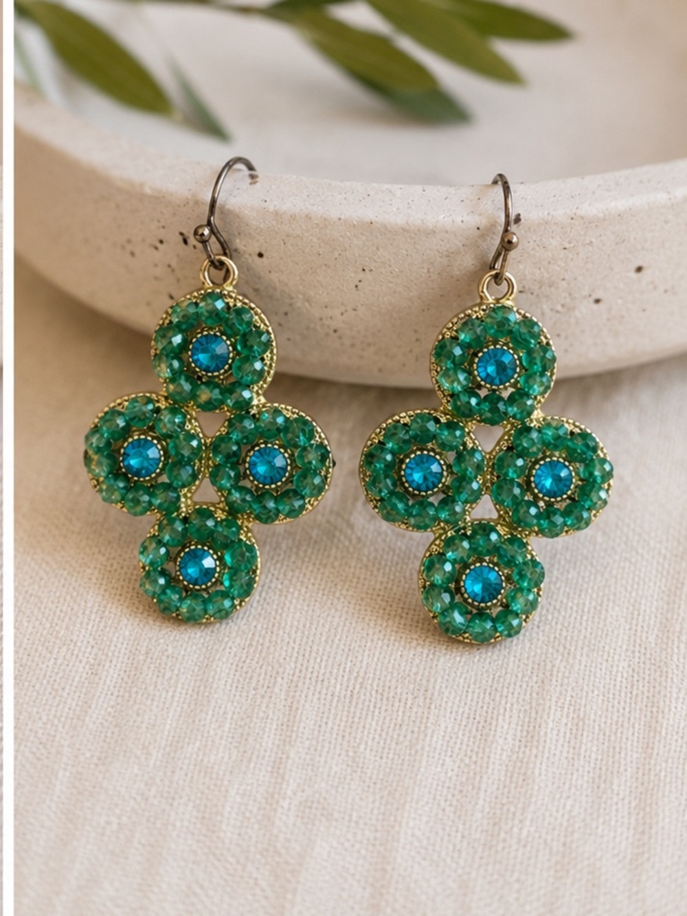 Anthropologie Teal and Blue Floral Cluster Drop Earrings